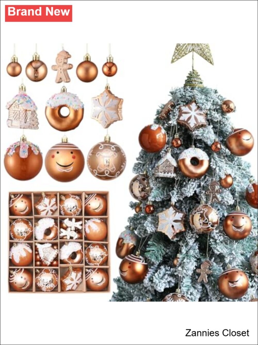 🎄 35Pc Shatterproof Gingerbread Christmas Tree Ornament Set Hanging Balls